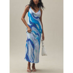Anthropologie 'Bhldn Astrid' Blue Sleeveless Satin Midi Dress Size L - NWT